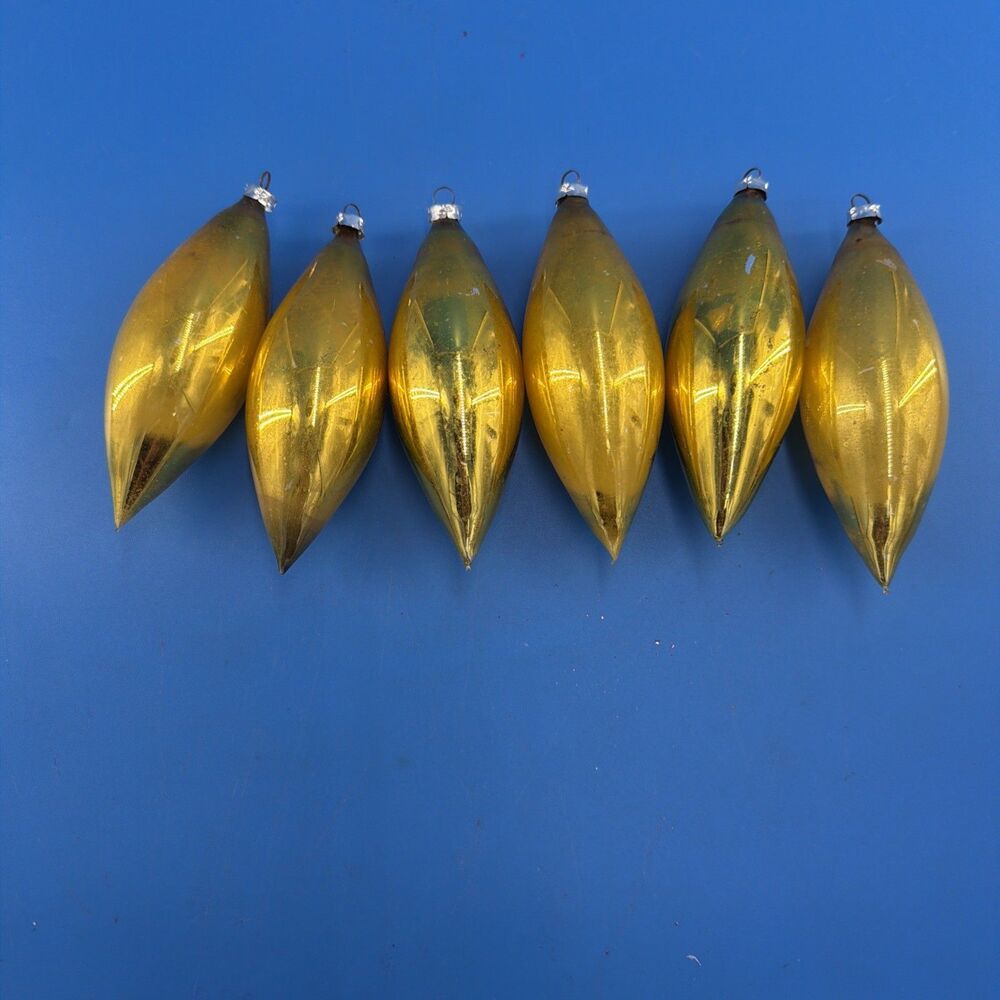 6 Vintage Blown Glass Gold MCM Icicle Tear Drop Christmas Ornaments West Germany